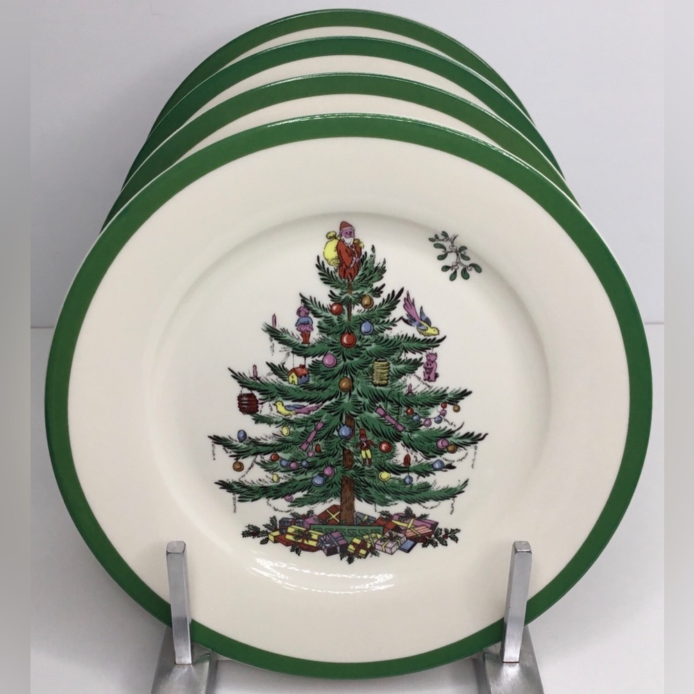 4 Salad Plates SPODE CHRISTMAS TREE Green Trim, Round 8” NEW